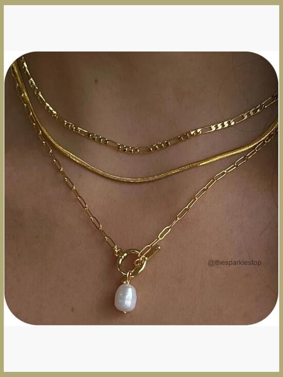 Jewelry - Layered Gold Plated Pearl Pendant Necklace Set Stackable Toggle Chain Choker